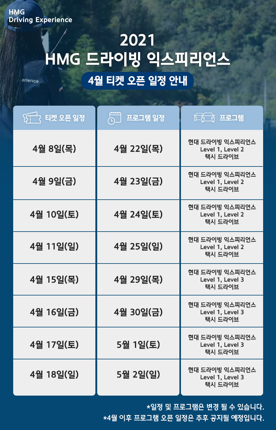 2021 HMG 드라이빙 익스피리언스 4월 티켓 오픈 일정 안내 / 티켓 오픈 일정 : 4월 8일 (목), 프로그램 일정 : 4월 22일 (목), 프로그램 : 현대 드라이빙 익스피리언스 Level1, Level2, 택시드라이브, 티켓 오픈 일정 : 4월 9일 (금), 프로그램 일정 : 4월 23일 (금), 프로그램 : 현대 드라이빙 익스피리언스 Level1, Level2, 택시드라이브, 티켓 오픈 일정 : 4월 10일 (토), 프로그램 일정 : 4월 24일 (토), 프로그램 : 현대 드라이빙 익스피리언스 Level1, Level2, 택시드라이브, 티켓 오픈 일정 : 4월 11일 (일), 프로그램 일정 : 4월 25일 (일), 프로그램 : 현대 드라이빙 익스피리언스 Level1, Level2, 택시드라이브, 티켓 오픈 일정 : 4월 15일 (목), 프로그램 일정 : 4월 29일 (목), 프로그램 : 현대 드라이빙 익스피리언스 Level1, Level3 택시드라이브, 티켓 오픈 일정 : 4월 15일 (금), 프로그램 일정 : 4월 30일 (금), 프로그램 : 현대 드라이빙 익스피리언스 Level1, Level3, 택시드라이브, 티켓 오픈 일정 : 4월 17일 (토), 프로그램 일정 : 5월 1일 (토), 프로그램 : 현대 드라이빙 익스피리언스 Level1, Level3, 택시드라이브, 티켓 오픈 일정 : 4월 18일 (일), 프로그램 일정 : 5월 2일 (일), 프로그램 : 현대 드라이빙 익스피리언스 Level1, Level3, 택시드라이브,   / * 일정 및 프로그램은 변경될 수 있습니다. * 4월 이후 프로그램 오픈 일정은 추후 공지될 예정입니다.