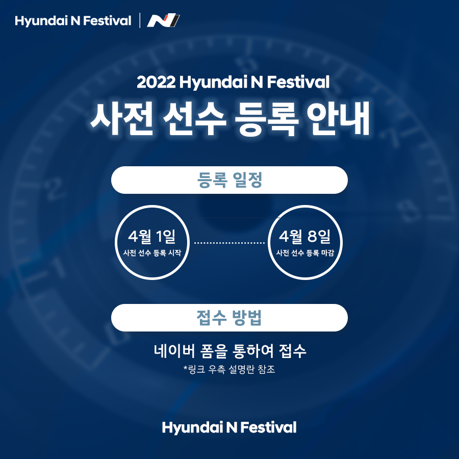 2022 Hyundai N Festival, 사전 선수 등록 안내, 등록 일정 : 4월 1일 사전 선수 등록 시작 ~ 4월 8일 사전 선수 등록 마감, 접수 방법 : 네이버 폼을 통하여 접수 *링크 우측 설명란 참조