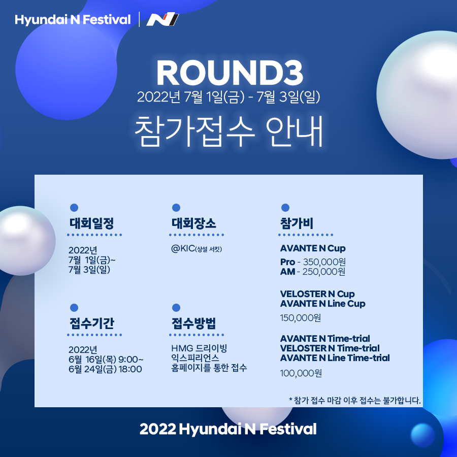 Hyundai N Festival N, ROUND3 2022년 7월 1일(금) - 7월 3일(일) 참가접수 안내, 대회 일정 2022년 7월 1일(금) ~ 7월 3일(일), 대회 장소 : @KIC(상설 서킷), 접수기간 : 2022년 6월 16일(목) 9:00 ~ 6월 24일(금) 18:00, 접수방법 : HMG 드라빙 익스피리언스 홈페이지를 통한 접수, 참가비 : AVANTE N Cup, Pro - 3500,000원, AM - 250,000원, VELOSTER N Cup / AVANTE N Line Cup - 150,000원, AVANTE N Time-trial / AVLOSTER N Time-trial / AVANTE N Line Time-trial - 100,000원