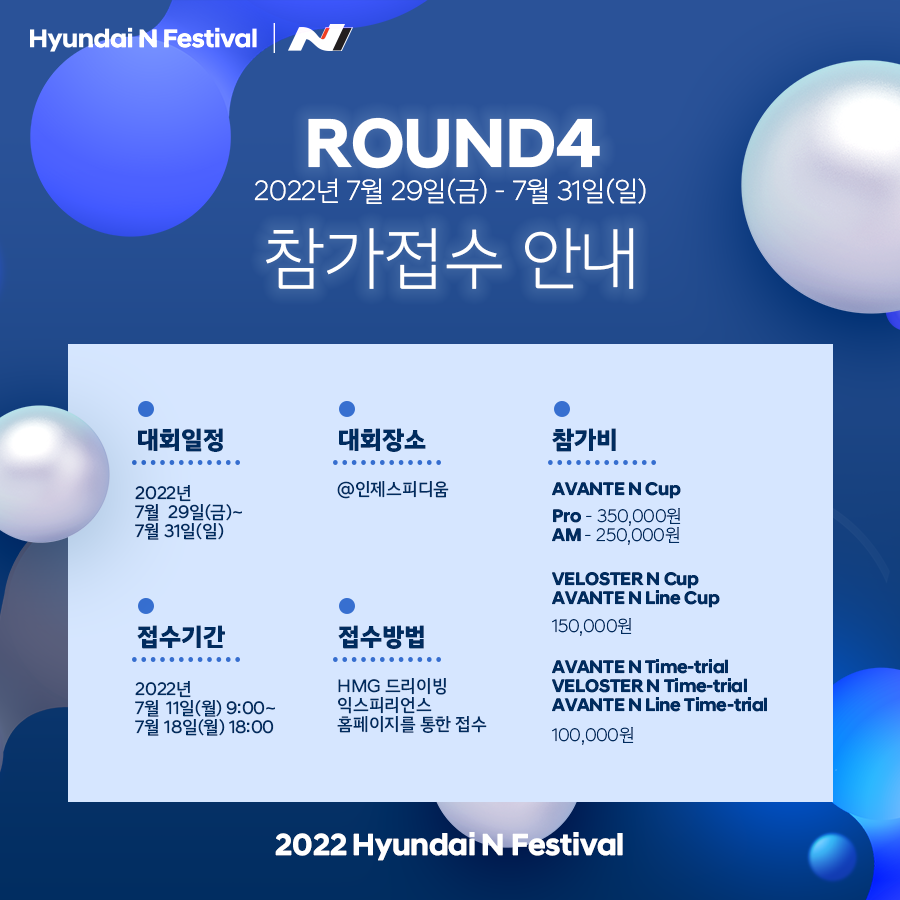 Hyundai N Festival N, ROUND4 2022년 7월 29일(금) - 7월 31일(일) 참가 접수 안내, 대회 일정 : 2022년 7월 29일(금)~ 7월 31일(일), 대회 장소 : @인제스피디움, 접수기간 : 2022년 7월 11일(월) 09:00 ~7월 18일(월) 18:00, 접수방법 : HMG 드라이빙 익스피리언스 홈페이지를 통한 접수, 참가비 : AVANTE N Cup, Pro - 350,000원, AM - 250,000원, VELOSTER N Cup / AVANTE N Line Cup 150,000원, AVANTE N Time-trial VELOSTER N Time-trial, AVANTE N Line Time-trial 100,000원, 2022 Hyundai N Festival